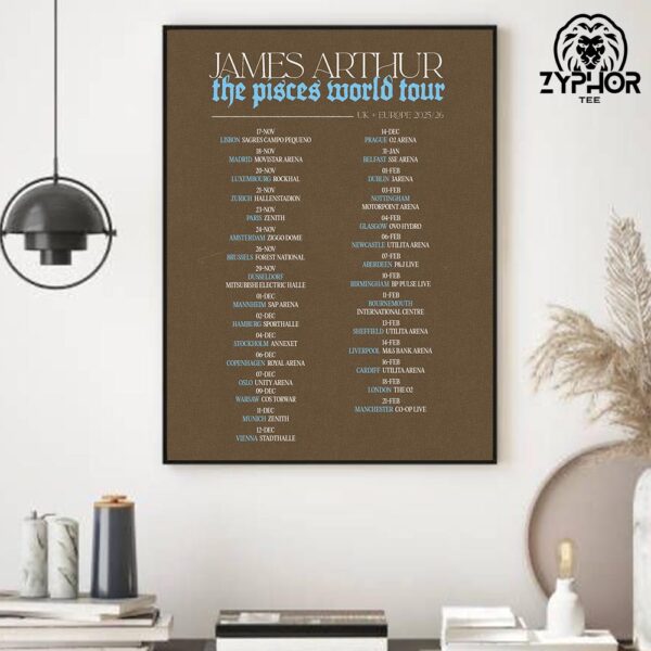 James Arthur The Pisces World Tour The UK And Europe 2025 2026 Tour Dates Artwork For Fan Home Decor Poster Canvas