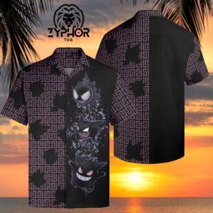 Pokemon Hawaiian Shirt Pattern Gastly Haunter Gengar Full Evolution Ghost Type Pokemon Aloha Shirt