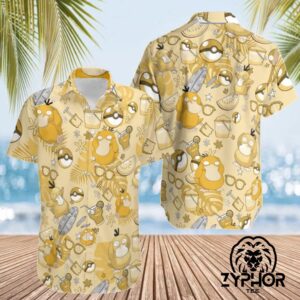 Pokemon Hawaiian Shirt Pattern Psyduck Confused With Pokeball Leaf Summer Vacation Pokemon Tropical Shirt